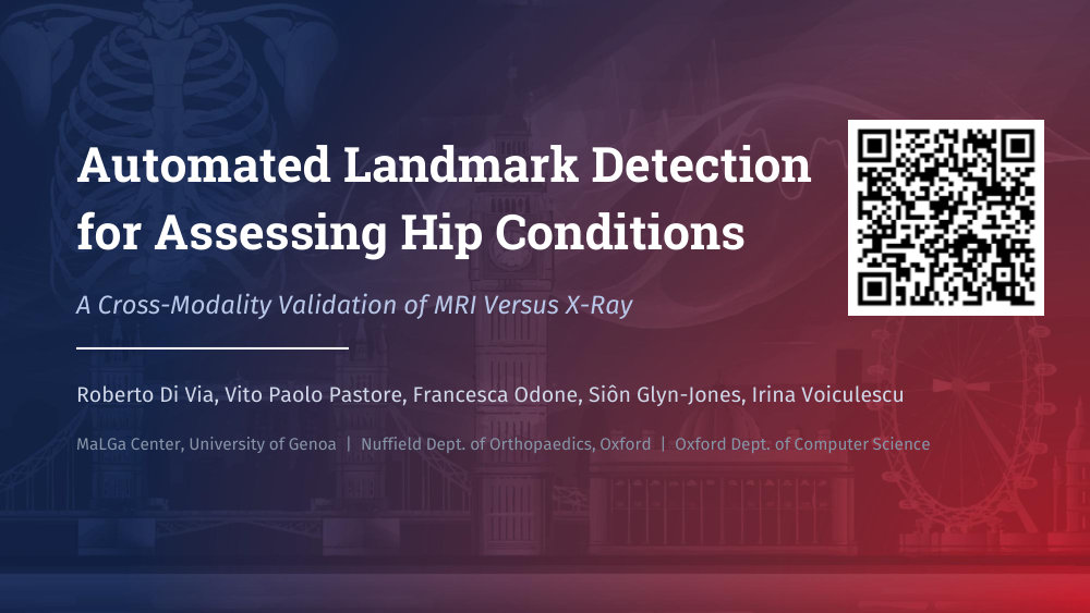 Title slide of the ISBI 2026 presentation: Automated Landmark Detection for Assessing Hip Conditions, A Cross-Modality Validation of MRI Versus X-Ray